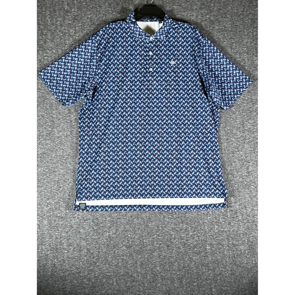 Turtleson Mens 2XL Performance Polo Shirt Blue Fly‎ Fishing Lure Print Stretch